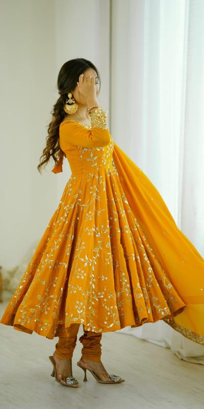 SRK 5299 Yellow Faux Georgette With Sequence Work Perfect for Wedding, Party, Temple Visit, Ganesh Chaturthi Festive, Events, 4-6 Working Days At 2149 | Gowns, Bollywood Gowns, Creative Gowns, Designer Gowns, Embroidered Gowns, Party Wear Gowns