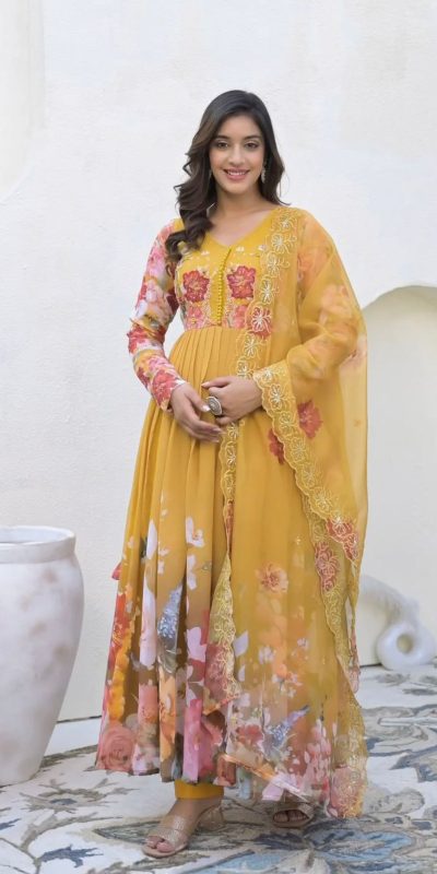 Yellow Fix Georgette With Embroidery Gown
