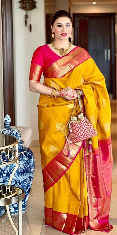 Yellow Lichi Silk Lace Border Saree