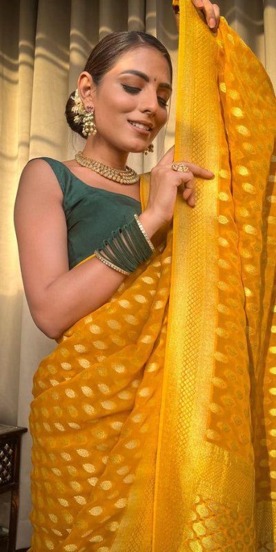 KP 5083 Yellow Soft Lichi Silk Perfect for Wedding, Party, Family Gatherings, Sangeet, Diwali Cloth. Saree. Get it for ₹1399. Delivery 4-6 Working Days. | Designer Sarees, Embroidered Sarees, Sarees, Bollywood Sarees, Creative Sarees, Ethnic Saree, Modern Digital sarees, Party Wear Sarees