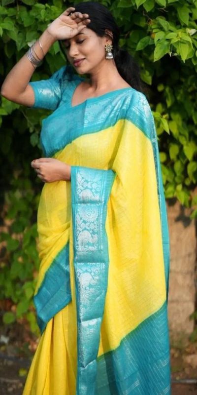 KP 3025 Yellow Soft Lichi Silk Saree Perfect for Wedding, Party, Baby Shower, Onam, Durga Puja . Available at ₹1449 only. Delivery 4-6 Working Days. | Designer Sarees, Embroidered Sarees, Sarees, Bollywood Sarees, Creative Sarees, Ethnic Saree, Modern Digital sarees, Party Wear Sarees
