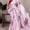 Baby Pink Satin Silk With Floral Printed Saree