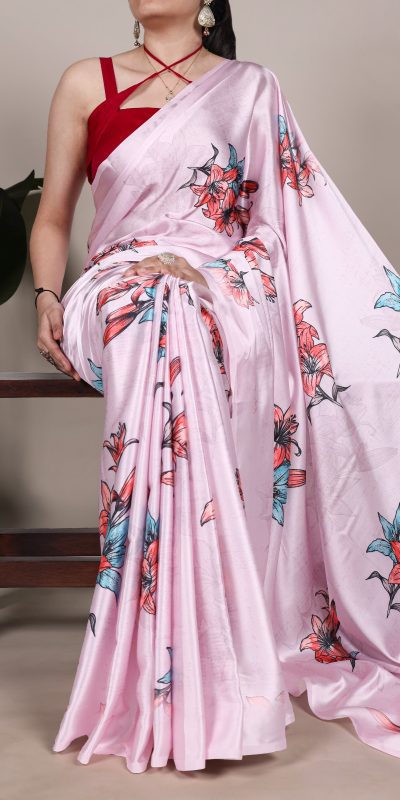 Baby Pink Satin Silk With Floral Printed Saree