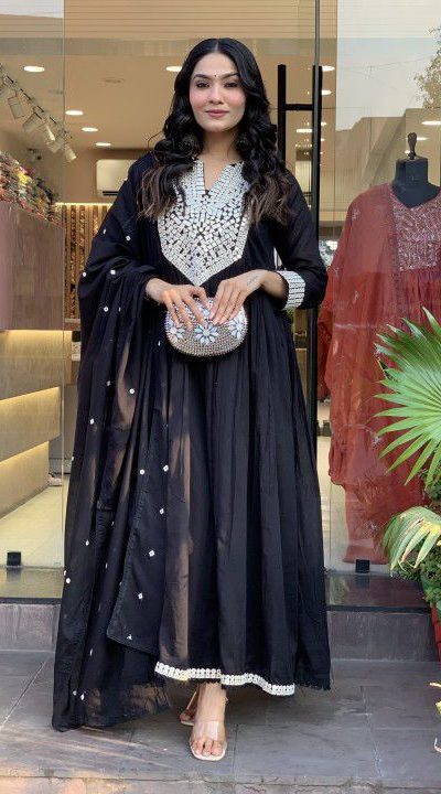 Black Cotton Silk Mirror Work Salwar Suit