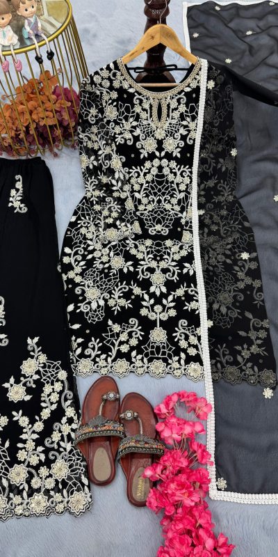 Black Faux Georgette Embroidery Lace Work Salwar Suit