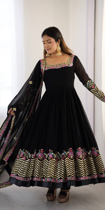 Black Georgette Multi Thread Work Gown