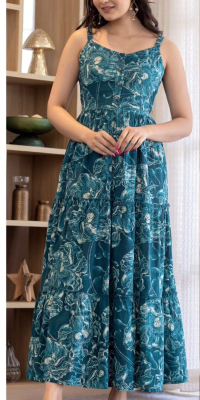 Blue Cotton With Printed Gown