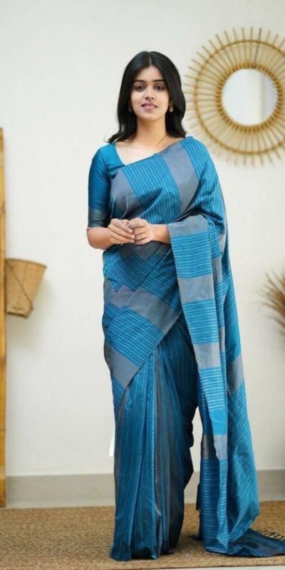 Blue Soft Lichi Silk Rich Pallu Work Border Saree