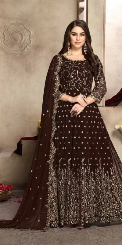  FC 94001 Brown Color Georgette Multi Thread Zari Stich Anarkali Suit Wedding, Party, Festive events, etc. Expected Delivery  4-6 Working Days @2399/- | Anarkali Suits, Bollywood Anarkali, Creative-Anarkali, Designer Anarkali, Embroidered Anarkali, Party Wear Anarkali