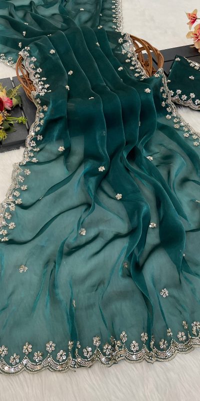 Firozi Jimmy Chou Silk Embroidery Work Saree