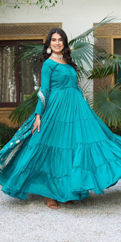 Firozi Vichitra Silk Embroidery Work Gown