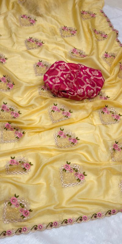 Gold Paper Silk Crush With Embroider Saree