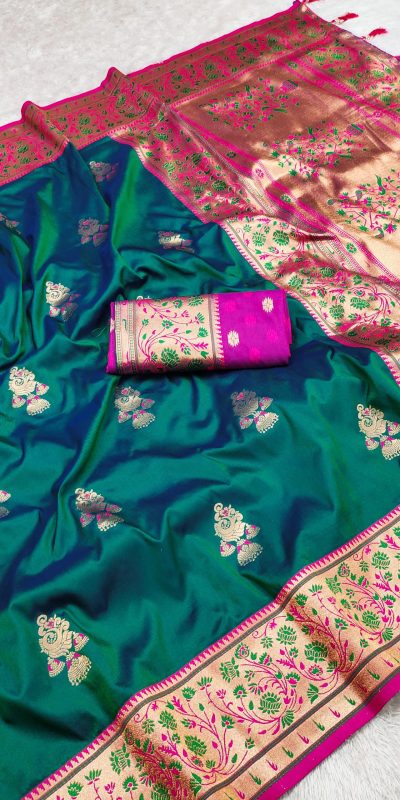 Green Banarasi Silk Lace Work Zari Work Saree