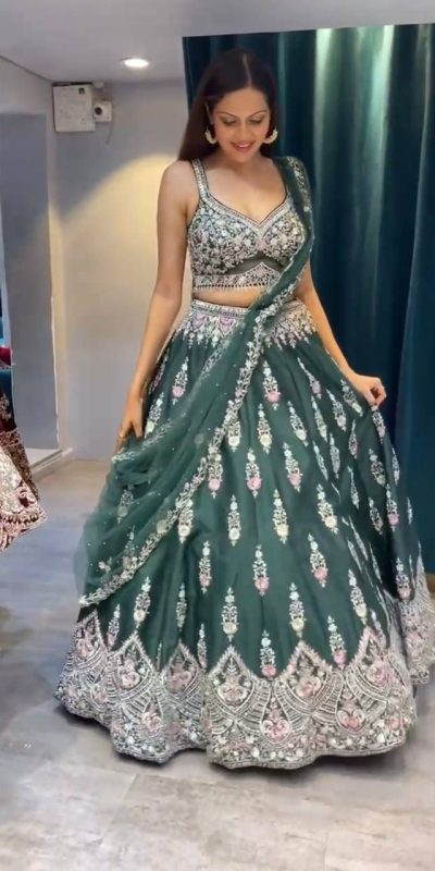 Green Fuax Georgette Cut Work Lehenga Choli