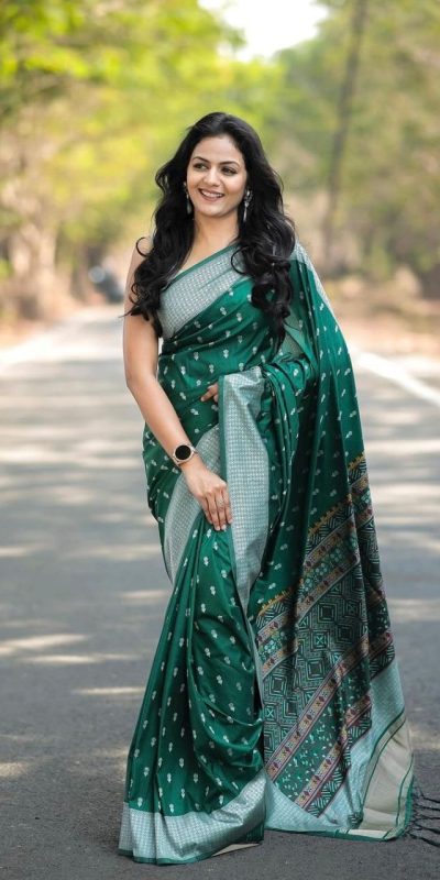 Green Lichi Silk Border Lace Work Saree