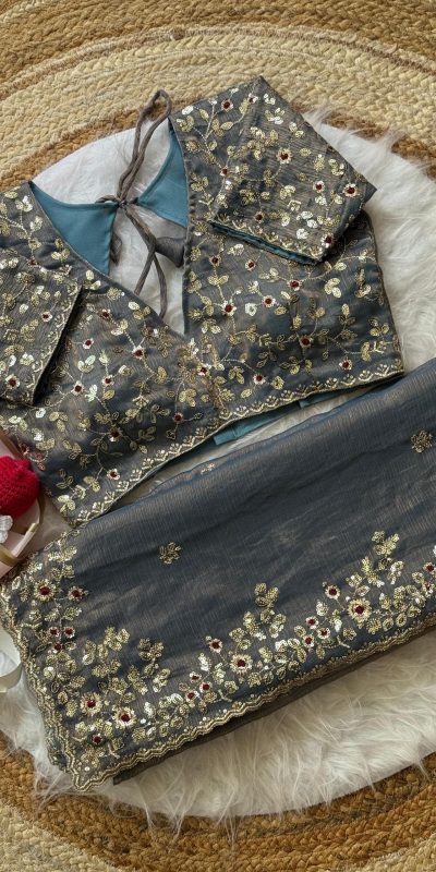 Grey Fandy Chiffon Embroidery Work Saree