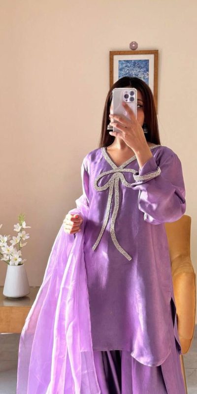 Lavender French Crape Bead Work Salwar Suit