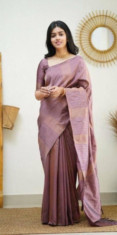 Lavender Soft Lichi Silk Rich Pallu Work Border Saree