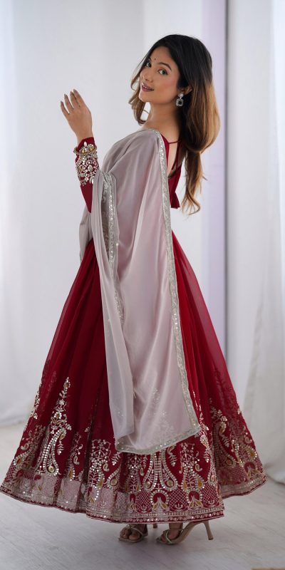 ZF 5008 Maroon Georgette Gown with Embroidery Work. Wedding, Party, Festive, Events, Special Price ₹2049. Delivery 4-6 Working Days. Shop now. | Jump Suits, Salwar suit, Casual Suits, Creative suits, Designer Suits, Palazzo Suits, Party Wear Suits, Patiala Suits, Straight Suits