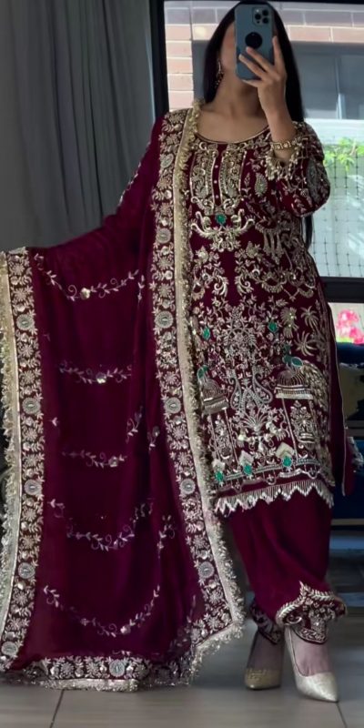 Maroon Natural Crep Embroidery Work Salwar Suit