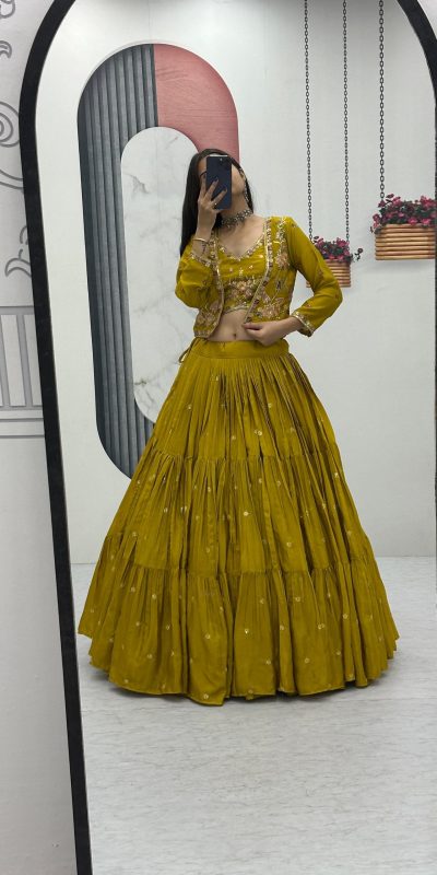 Mustered Chinon Thread Embroidery Lehenga Choli