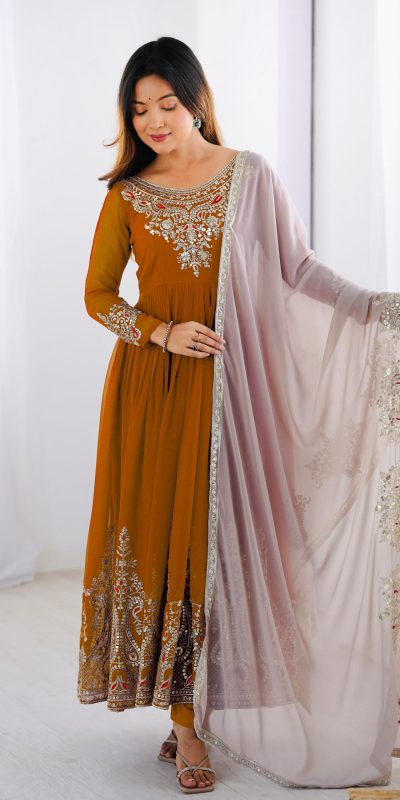 ZF 5008 White Mustered Gown with Embroidery Work. Wedding, Party, Festive, Events, Special Price ₹2049. Delivery 4-6 Working Days. Shop now. | Jump Suits, Salwar suit, Casual Suits, Creative suits, Designer Suits, Palazzo Suits, Party Wear Suits, Patiala Suits, Straight Suits