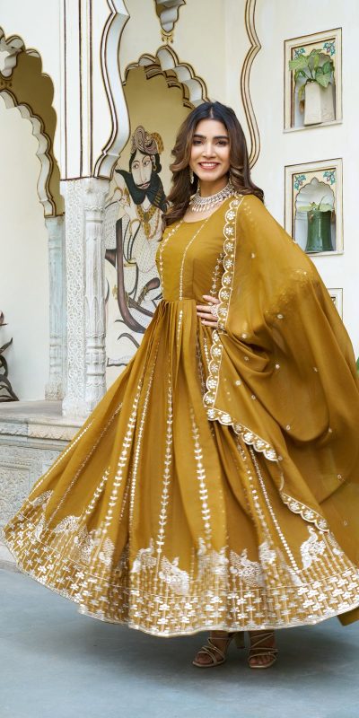 Ram 139 Mustered Star Georgette Gown Perfect for Wedding, Party, Family Gatherings, Haldi, Housewarming –. Grab it for ₹1949. Delivery 4-6 Working | Jump Suits, Salwar suit, Casual Suits, Creative suits, Designer Suits, Palazzo Suits, Party Wear Suits, Patiala Suits, Straight Suits