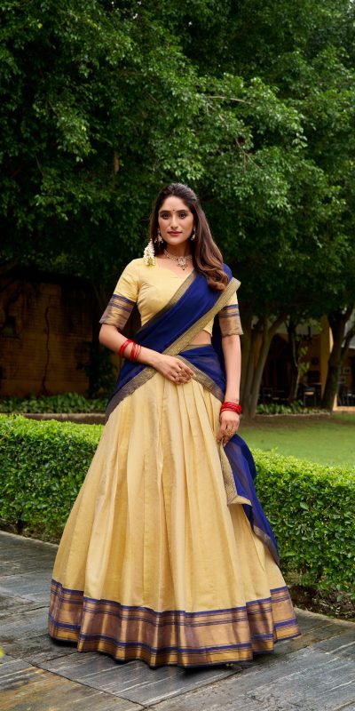 Navy Blue Kanchipuram Zari Lace Work Lehenga Choli