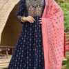 Navy Blue Rayon Embroidery Work Gown