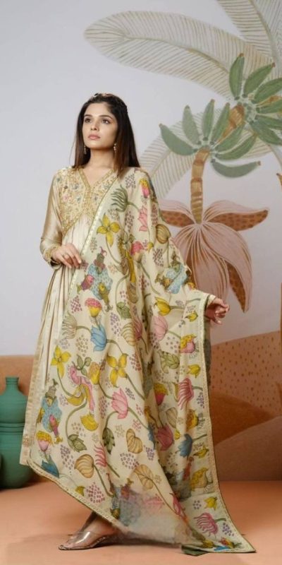 Off White Chinon With Kalamkari Print Gown
