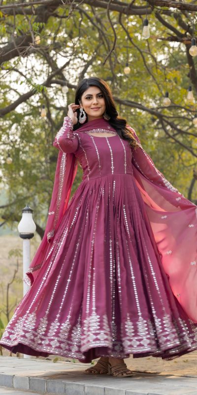 Onion Fox Georgette Embroidery Work Gown
