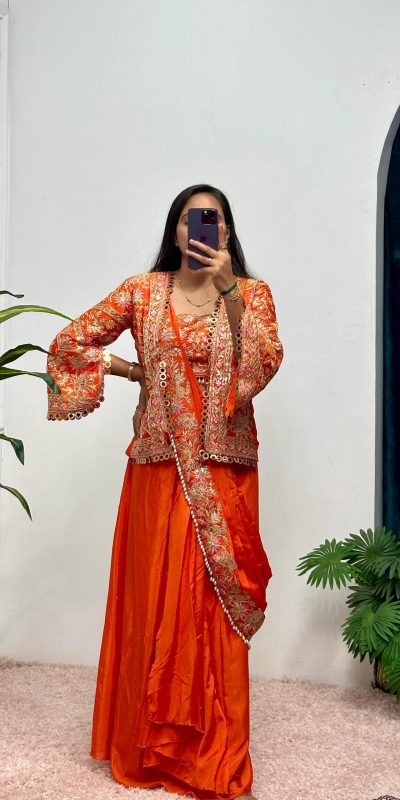 Orange Chinon Embroidery Lace Work Saree
