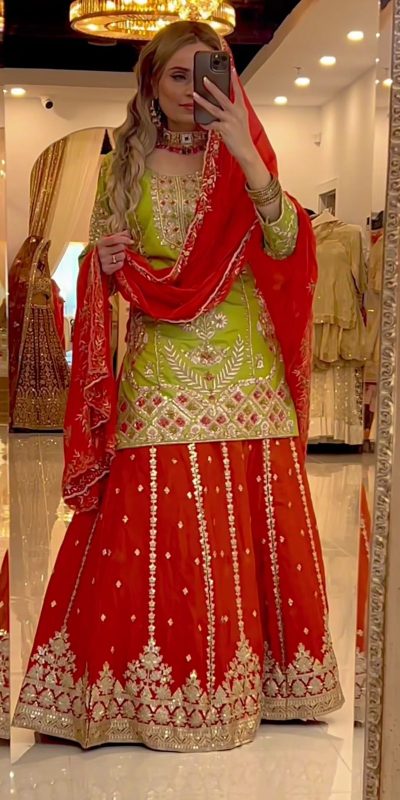 Parrot Green Chinnon Silk Embroidery Work Salwar Suit