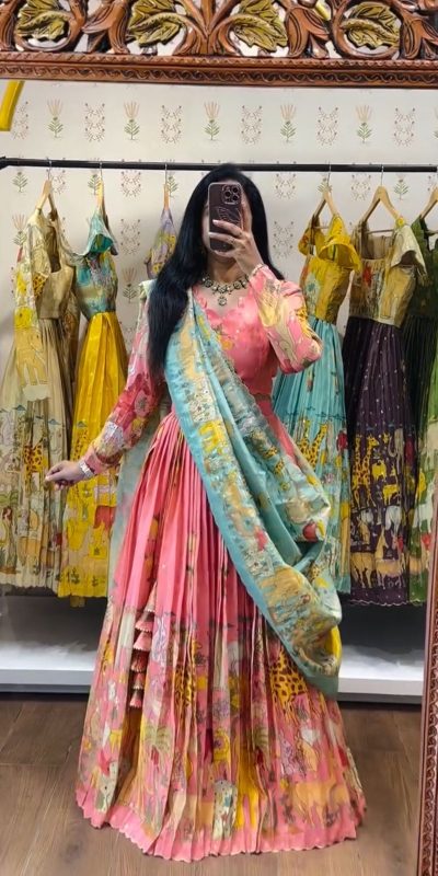 Peach Cotton Kalamkari Print Lehenga Choli