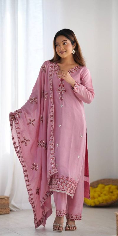 Pink Chinnon Silk Lace Embroidery Work Salwar Suit