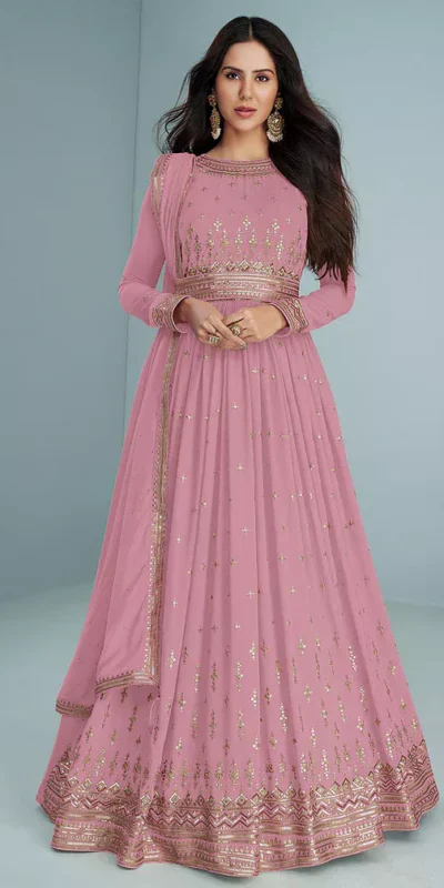 FC 9293 Pink Georgette Salwar Suit with Embroidery Work. Wedding, Party, Festive, Events, Now at just ₹2649. Delivery 4-6 Working Days. Shop now. | Jump Suits, Salwar suit, Casual Suits, Creative suits, Designer Suits, Palazzo Suits, Party Wear Suits, Patiala Suits, Straight Suits