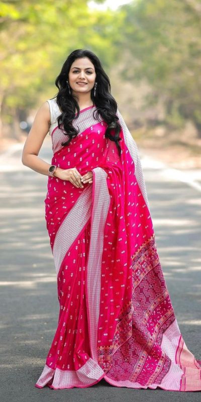 Pink Lichi Silk Border Lace Work Saree