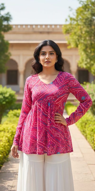 INLI Bandhej Pink Color Pure Georgette Kurti with Designer Work. Wedding, Party, Festive, Events Best Price ₹1349. Delivery 4-6 Working Days. Shop now. | Kurti, Bollywood Kurti, Creative Kurtis, Designer Kurti, Party Wear Kurti, Selfie Kurti