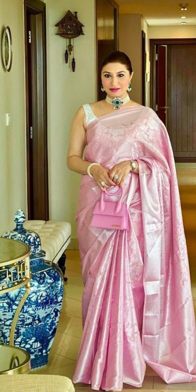 Pink Soft Lichi Silk Lace Work Border Saree