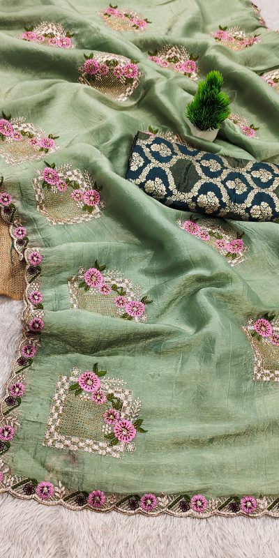 Pista Paper Silk Crush With Embroider Saree