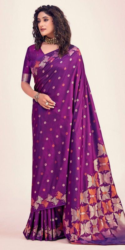 Purple Soft Lichi Silk Border Lace Work Saree