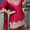 Red Chinnon Silk Lace Embroidery Work Salwar Suit