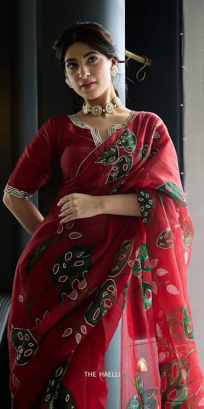 Red Soft Organza Zardosi Pitha Work Saree