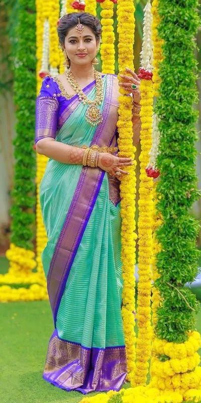 Sea Green Soft Lichi Silk With Lace Work Saree