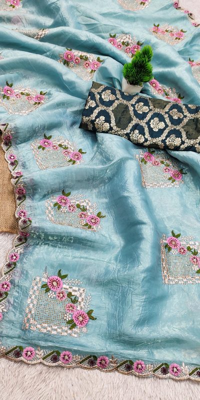 Sky Blue Paper Silk Crush With Embroider Saree