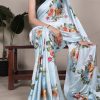 Sky Blue Satin Silk With Floral Printed Saree
