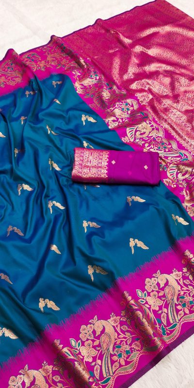 Teal Banarasi Silk Weaving Lace Zari Work Saree