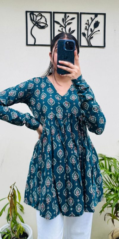 Teal Cotton With Printed Kurti