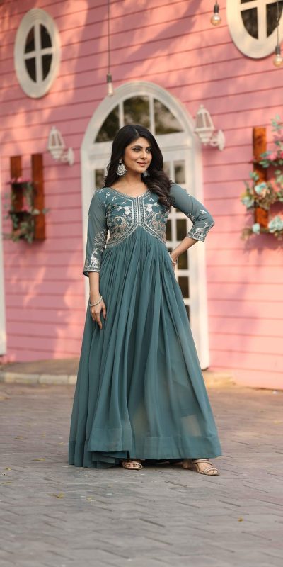 Teal Fox Georgette With Sequence Work Gown