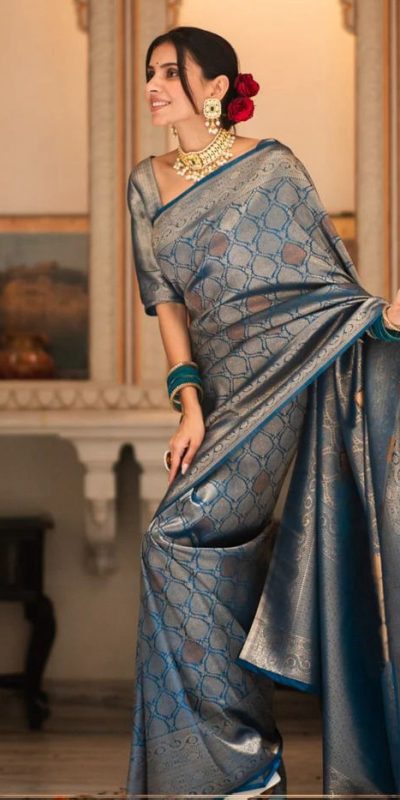 Teal Soft Lichi With Jacquard Work Silk Saree